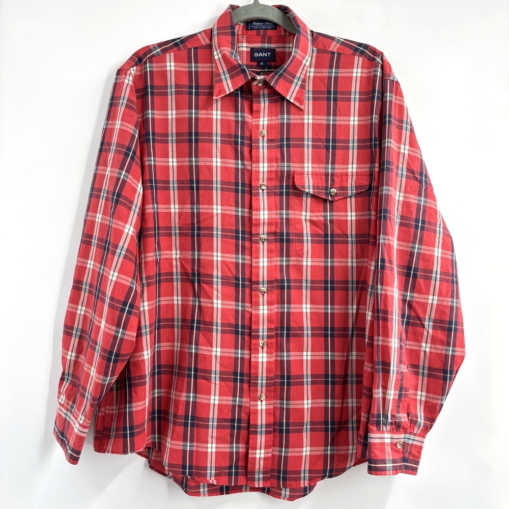 Gant Foxhunt Plaid Shirt Sz XL Cotton Blend Red Button Up L/S Vintage 90s Preppy